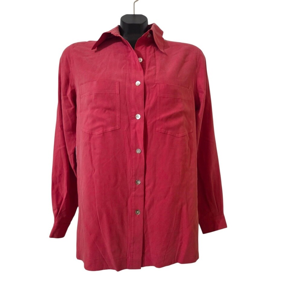 Lizden 100% Silk Button Down Long Sleeve Blouse Tunic Chest Pockets S Red F24.1